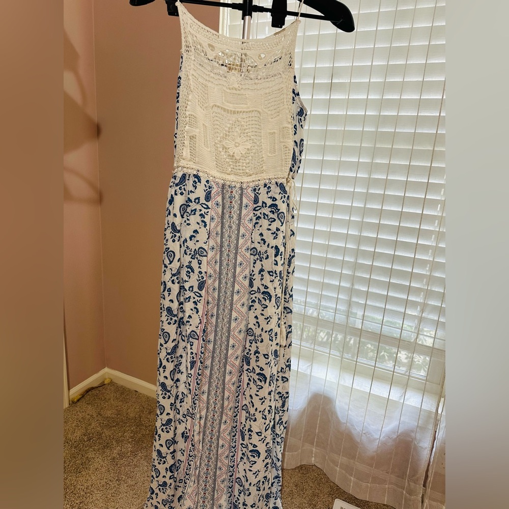 Altar'd State White and Blue Patterned Maxi Dress